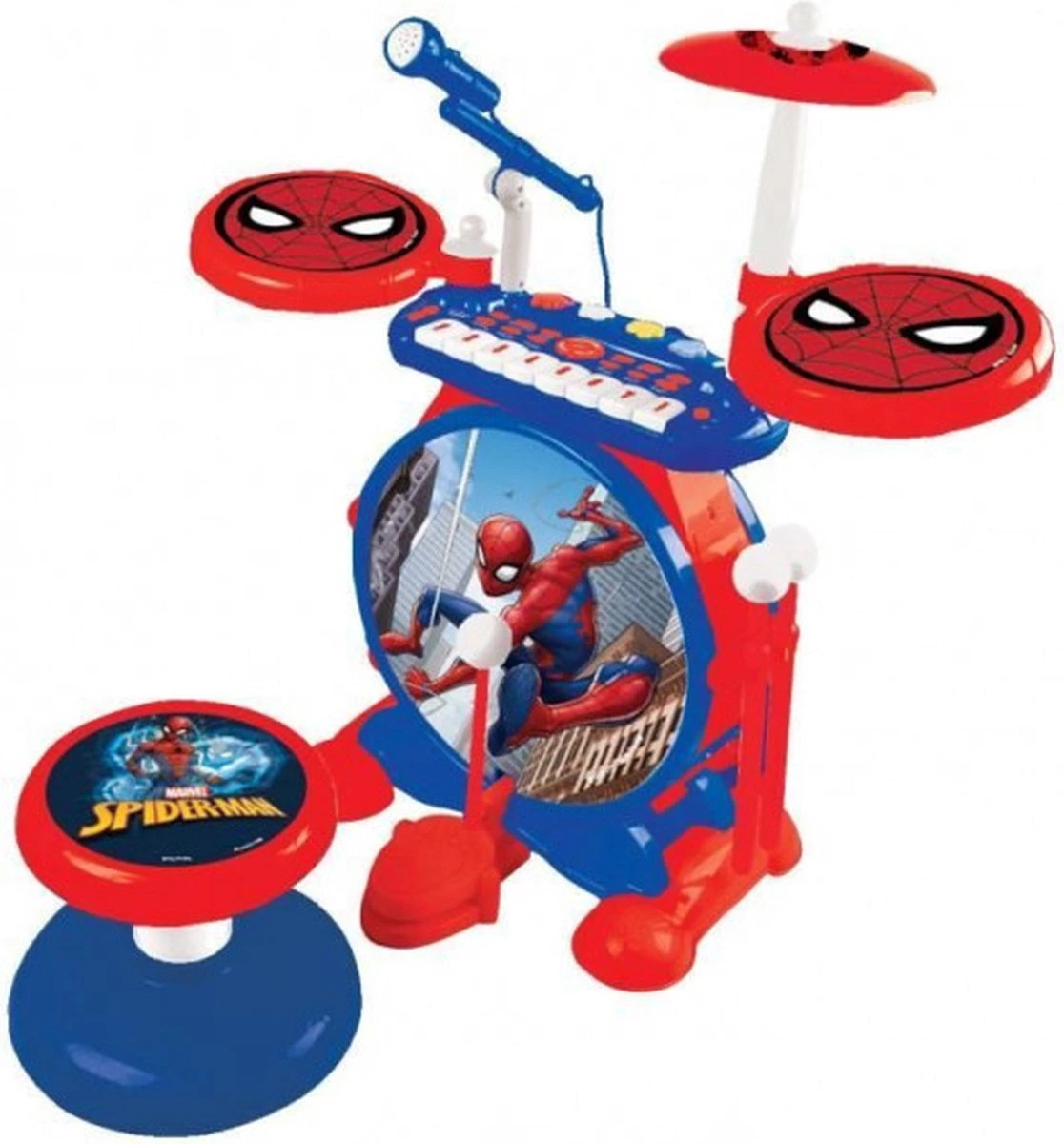 Lexibook Spider-Man Elektronische Drumkit Voor Kinderen, Realistisch Drumgeluid, 8-toetsen Toetsenbord, Mp3-stekker, Inclusief Stoel, Blauw/rood, K610SP 4 Lexibook Spider-Man Elektronische Drumkit Voor Kinderen, Realistisch Drumgeluid, 8-toetsen Toetsenbord, Mp3-stekker, Inclusief Stoel, Blauw/rood, K610SP - Afbeelding 2
