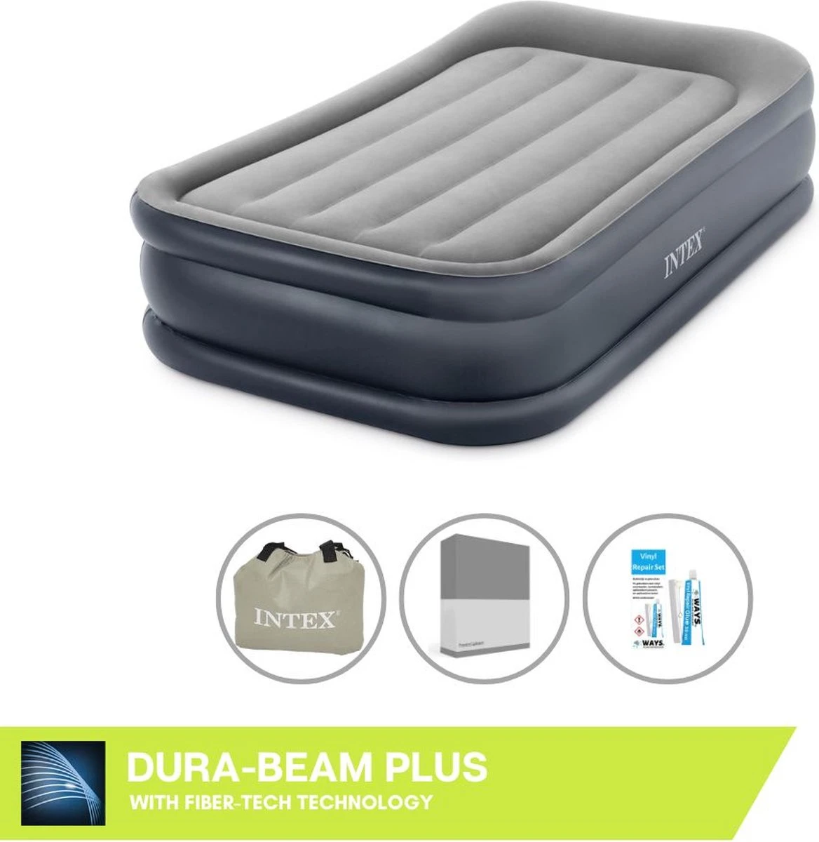 Intex Luchtbed - 1-Persoons - 99 X 191 X 42 Cm - Grijs - Met Pomp, Hoeslaken Antraciet En Reparatieset 3 Intex Luchtbed - 1-Persoons - 99 X 191 X 42 Cm - Grijs - Met Pomp, Hoeslaken Antraciet En Reparatieset