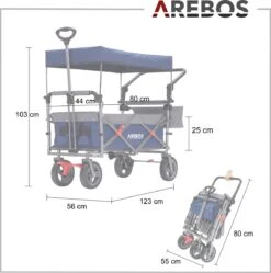 AREBOS Premium Steekwagen Met Dak Opvouwbare Tuinkar Handkar Bolderkar Blauw / Grijs -Buiten Kamperen 1188x1200 9