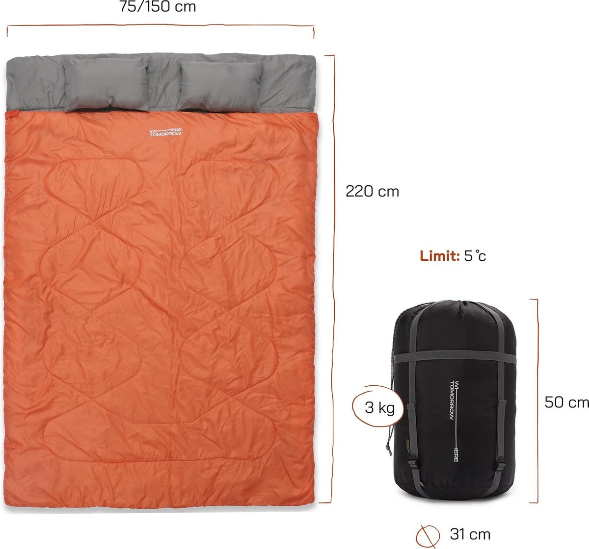 Where Tomorrow Double Slaapzak 220 X 150 Cm Diverse Kleuren - Oranje 4 Where Tomorrow Double Slaapzak 220 X 150 Cm Diverse Kleuren - Oranje - Afbeelding 2