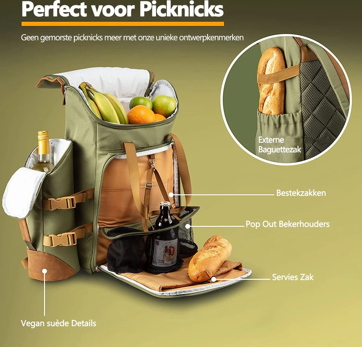 Cabinmax Koeltas - Koelrugzak - Picknick - Picknicktas Met Flessenhouder - Koelrugtas 24L - Olive Green 4 Cabinmax Koeltas - Koelrugzak - Picknick - Picknicktas Met Flessenhouder - Koelrugtas 24L - Olive Green - Afbeelding 2