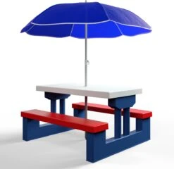 Merkloos Kinder Picknicktafel Met Parasol - Blauw -Buiten Kamperen 1200x1167 2