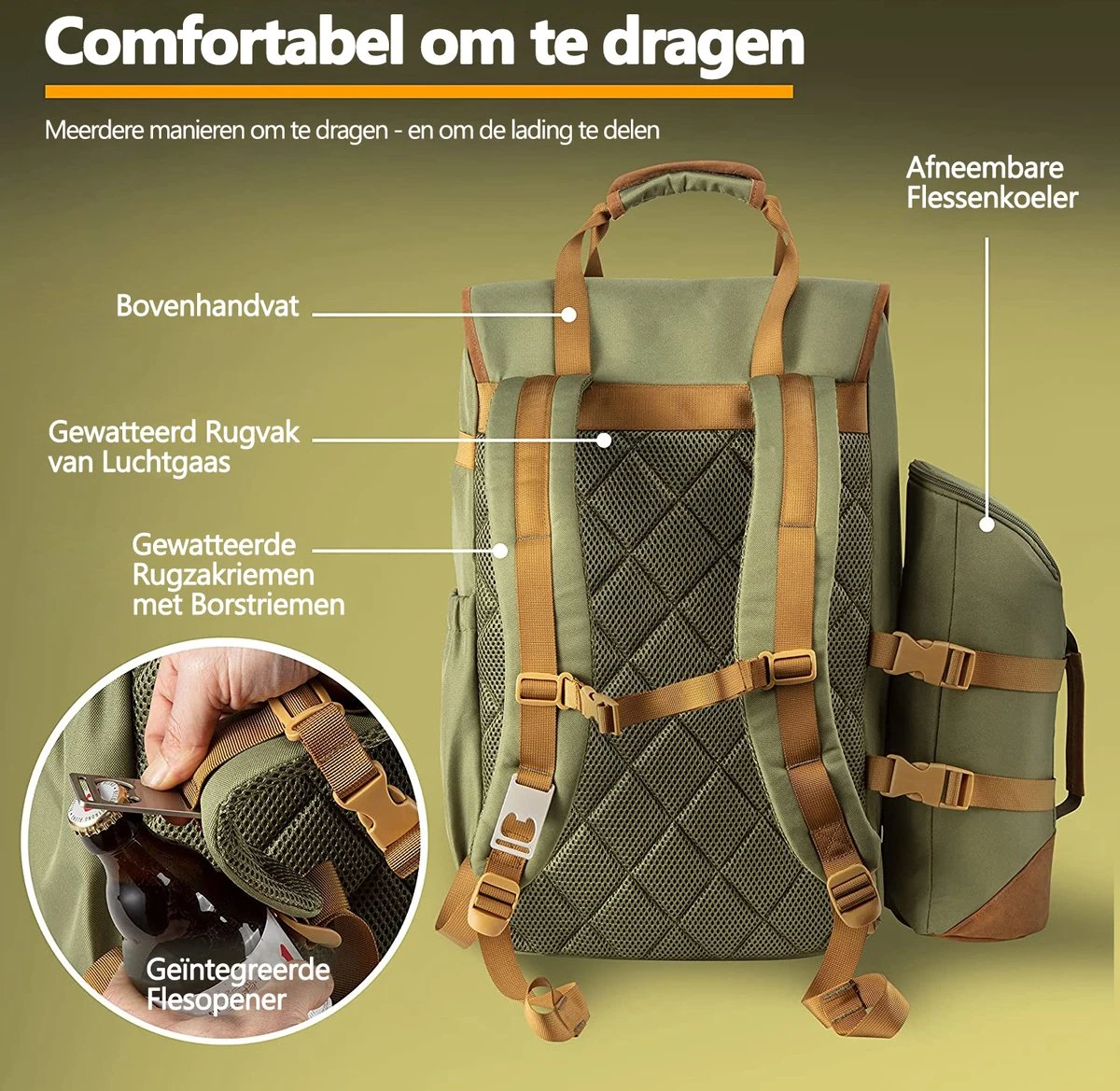 Cabinmax Koeltas - Koelrugzak - Picknick - Picknicktas Met Flessenhouder - Koelrugtas 24L - Olive Green 5 Cabinmax Koeltas - Koelrugzak - Picknick - Picknicktas Met Flessenhouder - Koelrugtas 24L - Olive Green - Afbeelding 3