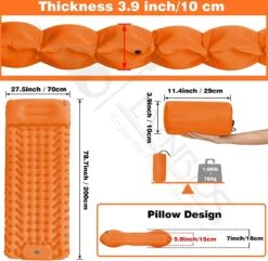LVNRIDS Isomat, Zelfopblazend, Ultralicht, Luchtmatras, Camping, Zelfopblaasbaar, Opblaasbaar Matras, 3,9 Inch Dik, Met Voetperspomp En Kussen, Voor Camping, Reizen, Outdoor, Wandelen, Strand, Oranje -Buiten Kamperen 1200x1171 8