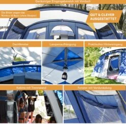 Skandika Nimbus Sleeper 12 Tent – Koepeltenten – 12 Persoons Familietent - Campingtent – Muggengaas – Sleeper Technology (3 Extra Donkere Slaapcabines) – 760 X 630 X 215 Cm (LxBxH) – 5000 Mm Waterkolom – Camping, Tuin – Kamperen – Blauw/wit -Buiten Kamperen 1200x1182 2