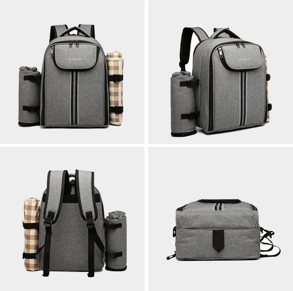 Kono Koeltas - Koelrugzak - Picknick - Picknicktas Met Flessenhouder - Koelrugtas Met Picknickkleed - Grijs (E6915 GY) 9 Kono Koeltas - Koelrugzak - Picknick - Picknicktas Met Flessenhouder - Koelrugtas Met Picknickkleed - Grijs (E6915 GY) - Afbeelding 7