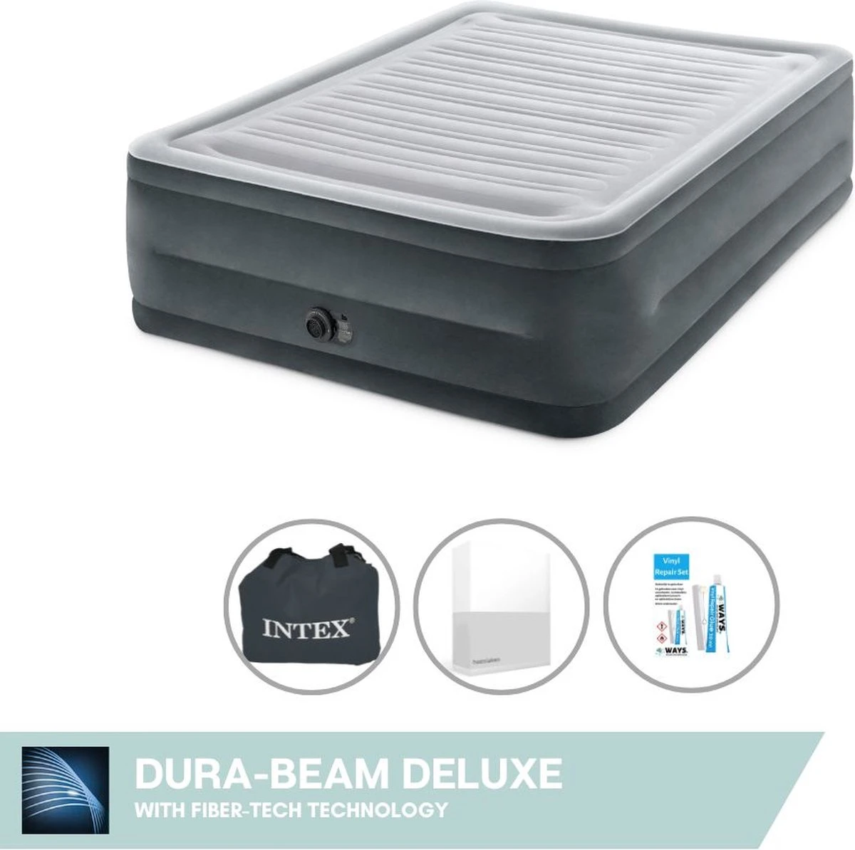 Intex Luchtbed - 2-Persoons - 152 X 203 X 33 Cm - Grijs - Met Ingebouwde Pomp, Hoeslaken Wit En Reparatieset 3 Intex Luchtbed - 2-Persoons - 152 X 203 X 33 Cm - Grijs - Met Ingebouwde Pomp, Hoeslaken Wit En Reparatieset