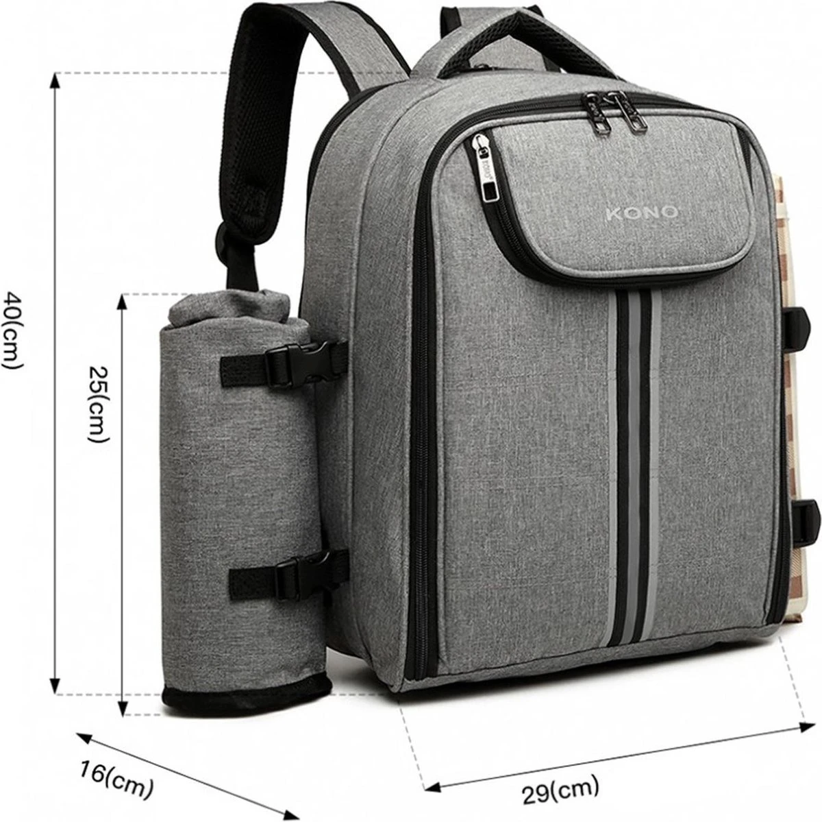 Kono Koeltas - Koelrugzak - Picknick - Picknicktas Met Flessenhouder - Koelrugtas Met Picknickkleed - Grijs (E6915 GY) 6 Kono Koeltas - Koelrugzak - Picknick - Picknicktas Met Flessenhouder - Koelrugtas Met Picknickkleed - Grijs (E6915 GY) - Afbeelding 4