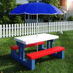 Merkloos Kinder Picknicktafel Met Parasol - Blauw -Buiten Kamperen 1200x1200 1080
