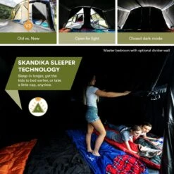 Skandika Montana 8 Sleeper Tent – Tunneltent – 8 Persoons Familietent - Campingtent – Sleeper Technology (2 Tot 4 Extra Donkere Slaapcabines) – Ingenaaide Tentvloer - Muggengaas – 700 X 310 X 200 Cm (LxBxH) – 5000mm Waterkolom – Kamperen – Blauw/wit -Buiten Kamperen 1200x1200 176