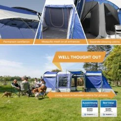 Skandika Montana 8 Tent – Tunneltenten – 8 Persoons Tent – Campingtent – 200 Cm Stahoogte – 2-4 Slaapcabines - Muggengaas – Familietent – 4 Ingangen – 700 X 310 X 200 Cm (L X B X H) - 5000 Mm Waterkolom – Outdoor, Camping – Kamperen – Blauw -Buiten Kamperen 1200x1200 187