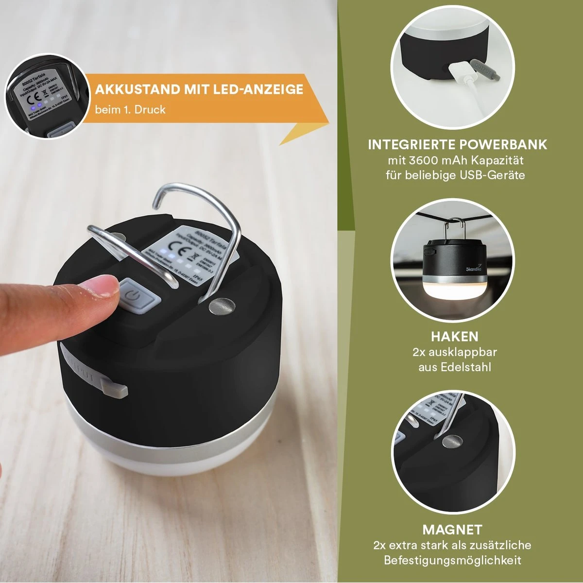 Skandika Campinglamp Tarfala – Tentlampen – Campinglampen – Kampeerlamp – Tentlamp Oplaadbaar, Traploos Dimbaar, Ophanghaak, USB Aansluiting – 3600 MAh Powerbank – Warm Wit, Koel Wit, 110 H Batterij – Tentlamp Buiten – Energieklasse A ++ - Zwart 6 Skandika Campinglamp Tarfala – Tentlampen – Campinglampen – Kampeerlamp – Tentlamp Oplaadbaar, Traploos Dimbaar, Ophanghaak, USB Aansluiting – 3600 MAh Powerbank – Warm Wit, Koel Wit, 110 H Batterij – Tentlamp Buiten – Energieklasse A ++ - Zwart - Afbeelding 4