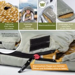 Skandika Dundee Flannel-R Slaapzak – Slaapzakken – Slaapzakken Volwassen - Maat M – Unisex - Katoen, Luxe Kwaliteit, Dubbele Slaapzak, 3 Seizoenen, Tot -20°C - 220 X 80 Cm - Outdoor Kampeerslaapzak – Ritssluiting Rechts - Grijs/geel -Buiten Kamperen 1200x1200 368