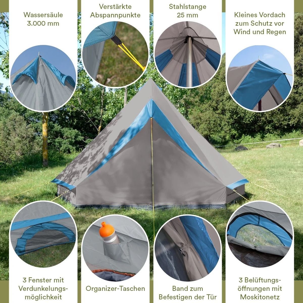 Skandika Tipii II Tent – Tipi-tenten – Teepee – 8 Persoons Campingtent – Muggengaas – 250 Cm Stahoogte – Uitneembare Tentvloer – 3000 Mm Waterkolom – Indische Tent, Partytent, Festivaltent – Outdoor, Camping, Tuin – Kamperen – Grijs/turquoise 4 Skandika Tipii II Tent – Tipi-tenten – Teepee – 8 Persoons Campingtent – Muggengaas – 250 Cm Stahoogte – Uitneembare Tentvloer – 3000 Mm Waterkolom – Indische Tent, Partytent, Festivaltent – Outdoor, Camping, Tuin – Kamperen – Grijs/turquoise - Afbeelding 2