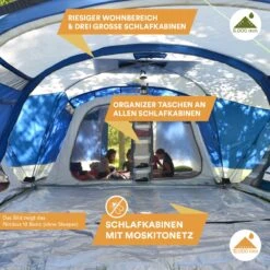 Skandika Nimbus Sleeper 12 Tent – Koepeltenten – 12 Persoons Familietent - Campingtent – Muggengaas – Sleeper Technology (3 Extra Donkere Slaapcabines) – 760 X 630 X 215 Cm (LxBxH) – 5000 Mm Waterkolom – Camping, Tuin – Kamperen – Blauw/wit -Buiten Kamperen 1200x1200 57