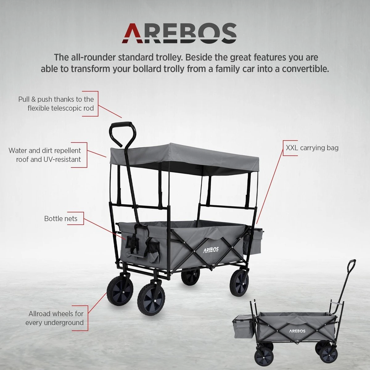 AREBOS Handwagen Vouwbare Dak Handwagen Vouwbare Trolley Uitrustingswagen Grijs 9 AREBOS Handwagen Vouwbare Dak Handwagen Vouwbare Trolley Uitrustingswagen Grijs - Afbeelding 7