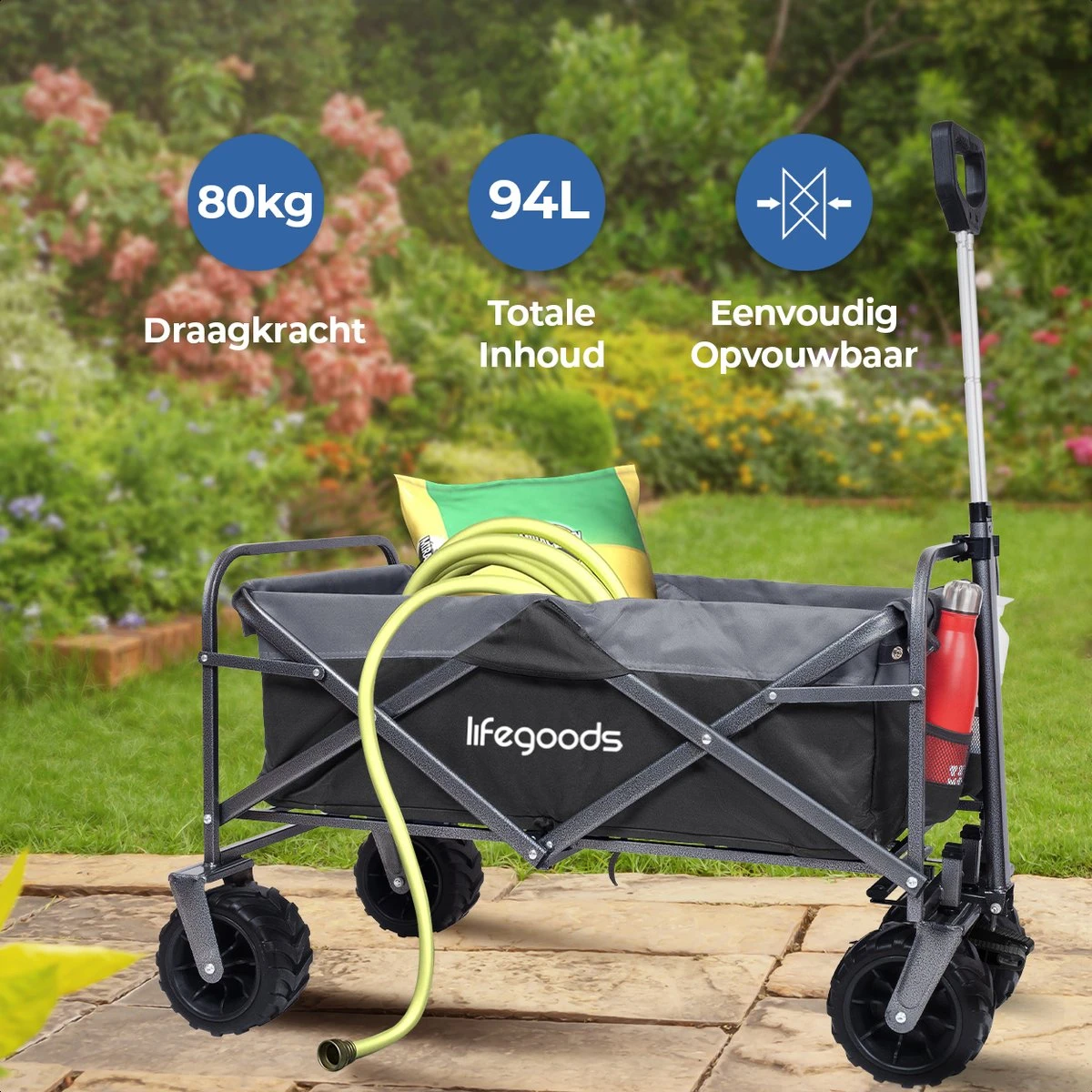 LifeGoods Bolderkar - Opvouwbaar - Tot 80KG - 94L - Wasbaar Polyester - 98x45cm - Zwart/Grijs 4 LifeGoods Bolderkar - Opvouwbaar - Tot 80KG - 94L - Wasbaar Polyester - 98x45cm - Zwart/Grijs - Afbeelding 2