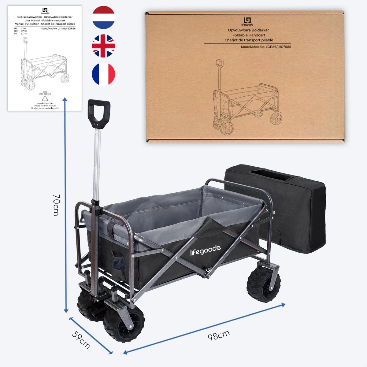 LifeGoods Bolderkar - Opvouwbaar - Tot 80KG - 94L - Wasbaar Polyester - 98x45cm - Zwart/Grijs 8 LifeGoods Bolderkar - Opvouwbaar - Tot 80KG - 94L - Wasbaar Polyester - 98x45cm - Zwart/Grijs - Afbeelding 6