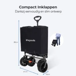 LifeGoods Bolderkar - Opvouwbaar - Tot 120KG - 103L - Extra Draagtas En Duwstang - Wasbaar Polyester - 98x45cm - Zwart/Grijs -Buiten Kamperen 1200x1200 777