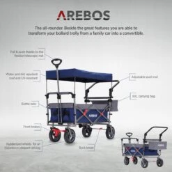 AREBOS Premium Steekwagen Met Dak Opvouwbare Tuinkar Handkar Bolderkar Blauw / Grijs -Buiten Kamperen 1200x1200 823