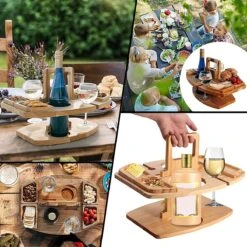 Merkloos Houten Outdoor Wijntafel Draagbare Houten Picknicktafel Mini Campingtafels Met Wijnglas Houder Voor Tuin Outdoor Camping Picknick Strand - Plataan Hout - Wijn -Buiten Kamperen 1200x1200 910