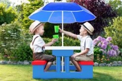 Merkloos Kinder Picknicktafel Met Parasol - Blauw -Buiten Kamperen 1200x800 200